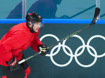 Canada captain Sidney Crosby takes part in a men's ice hockey practice during the 2026 Winter Olympics in Milan, Italy, Sunday, Feb. 8, 2026. (Nathan Denette/The Canadian Press via AP)