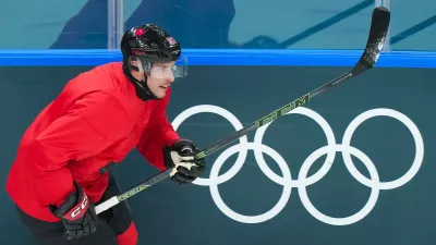 Canada captain Sidney Crosby takes part in a men's ice hockey practice during the 2026 Winter Olympics in Milan, Italy, Sunday, Feb. 8, 2026. (Nathan Denette/The Canadian Press via AP)