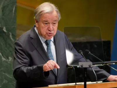 Secretary General Antonio Guterres addresses the 80th session of the United Nations General Assembly, Tuesday, Sept. 23, 2025, at UN headquarters. (AP Photo/Angelina Katsanis)