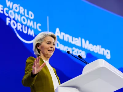 President of the European Commission Ursula von der Leyen talks during the Annual Meeting of the World Economic Forum in Davos, Switzerland, Tuesday, Jan. 20, 2026. (AP Photo/Markus Schreiber)