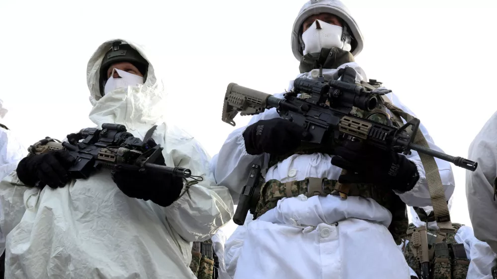 FILE PHOTO: Dutch Marines stand in front of a jet, during the visit of NATO Secretary General Jens Stoltenberg at a base, as part of a military exercise called "Cold Response 2022", gathering around 30,000 troops from NATO member countries plus Finland and Sweden, amid Russia's invasion of Ukraine, in Bardufoss in the Arctic Circle, Norway, March 25, 2022. REUTERS/Yves Herman/File Photo