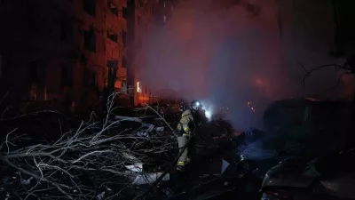 In this photo provided by Ukraine's 93rd Kholodnyi Yar Separate Mechanized Brigade press service, firefighters put out the fire following Russia's airstrike that damaged an apartment building in residential neighbourhood in Kramatorsk, Donetsk region, Ukraine, Sunday, Feb. 8, 2026. (Iryna Rybakova/Ukraine's 93rd Mechanized Brigade via AP)