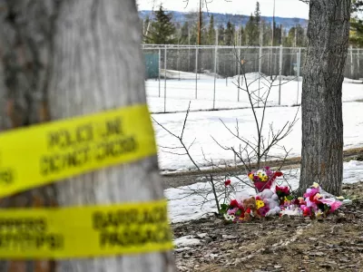 Flowers and toys lie on the ground near the site of a mass shooting at a high school, in the town of Tumbler Ridge, British Columbia, Canada February 11, 2026. REUTERS/Jennifer Gauthier REFILE - FIXING TYPO IN LOCATION