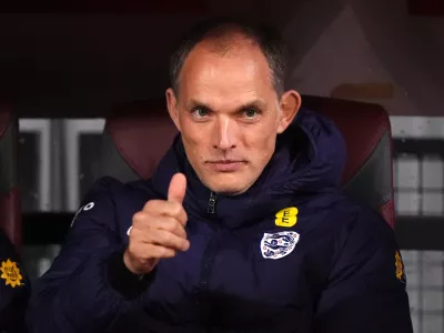 FILED - 14 October 2025, Latvia, Riga: England manager Thomas Tuchel gestures on the sidelines of the 2026 FIFA World Cup qualifier Latvia vs England. Photo: Bradley Collyer/PA Wire/dpa