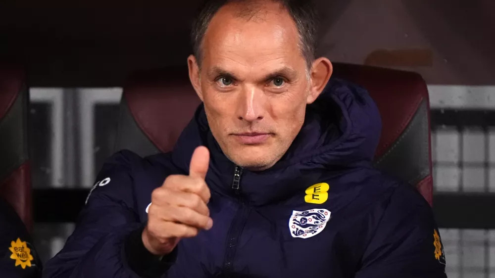 FILED - 14 October 2025, Latvia, Riga: England manager Thomas Tuchel gestures on the sidelines of the 2026 FIFA World Cup qualifier Latvia vs England. Photo: Bradley Collyer/PA Wire/dpa