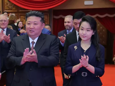 FILE - In this photo provided by the North Korean government, North Korean leader Kim Jong Un, center left, and his daughter, center right, arrive at the East Pyongyang Grand Theatre in Pyongyang, North Korea, June 29, 2025. Independent journalists were not given access to cover the event depicted in this image distributed by the North Korean government. The content of this image is as provided and cannot be independently verified. (Korean Central News Agency/Korea News Service via AP, File)