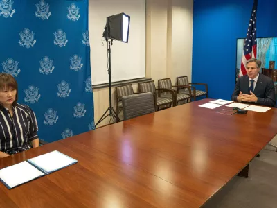 Secretary of State Antony J. Blinken delivers virtual remarks to the diplomatic corps, from the U.S. Department of State in Washington, D.C. on July 14, 2021. Secretary Blinken is joined by Acting Chief of Protocol Asel Roberts. Copyright: xpiemagsx deptofstpie23052022-30831 ACHTUNG AUFNAHMEDATUM GESCH?TZTNo Use Switzerland. No Use Germany. No Use Japan. No Use Austria