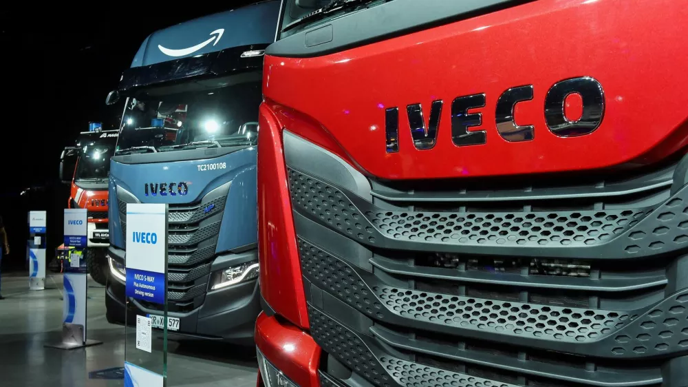 FILE PHOTO: Details of the front of an Iveco truck exhibited during a news conference in Turin, Italy, July 13, 2022. REUTERS/Massimo Pinca/File Photo