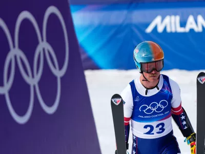 United States' River Radamus at the finish area, during a men's super-G race, at the 2026 Winter Olympics, in Bormio, Italy, Wednesday, Feb.11, 2026. (AP Photo/Julia Demaree Nikhinson)