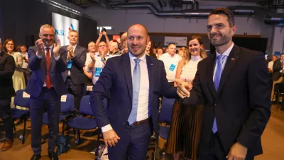 Jernej Vrtovec je novi predsednik Nove Slovenije in Matej Tonin13.09.2025 - Volilni kongres stranke NSI - Nova Slovenija - PolzelaFoto: Luka Cjuha