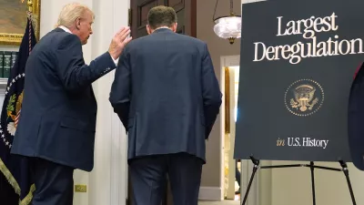President Donald Trump departs with Environmental Protection Agency director Lee Zeldin and Office of Management after announcing the EPA will no longer regulate greenhouse gases, in the Roosevelt Room of the White House, Thursday, Feb. 12, 2026, in Washington. (AP Photo/Evan Vucci)