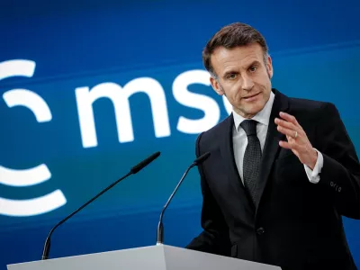 13 February 2026, Bavaria, Munich: French President Emmanuel Macron speaks during the 62nd Munich Security Conference at the Bayerischer Hof Hotel. Photo: Kay Nietfeld/dpa