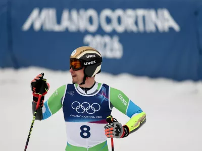 Milano Cortina 2026 Olympics - Alpine Skiing - Men's Giant Slalom Run 1 - Stelvio Ski Centre, Bormio, Italy - February 14, 2026. Zan Kranjec of Slovenia reacts after his run REUTERS/Christian Hartmann