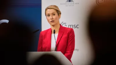 European Union foreign policy chief Kaja Kallas speaks during the Munich Security Conference in Munich, Germany, Sunday, Feb. 15, 2026. (AP Photo/Michael Probst)