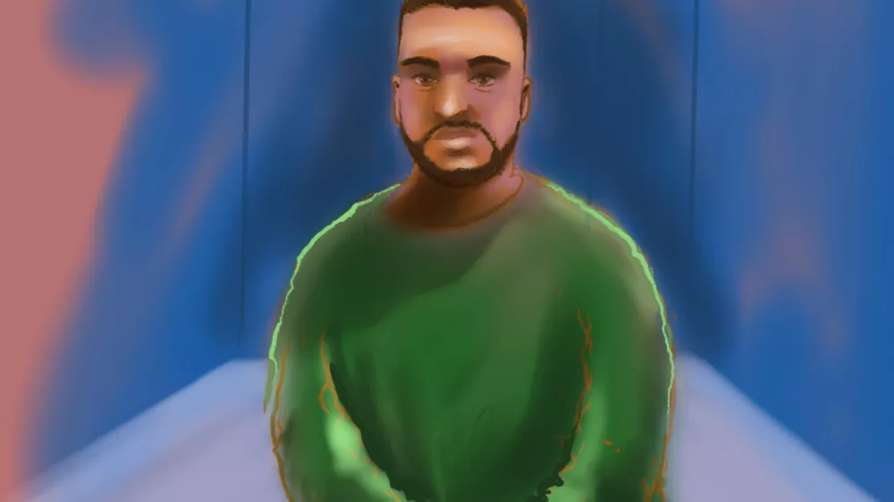 A court sketch depicts accused Bondi shooter Naveed Akram appearing via video link from Goulburn Supermax prison, at Downing Centre Local Court in Sydney, Monday, Feb. 16, 2026. (Rocco Fazzari/AAP Image via AP)