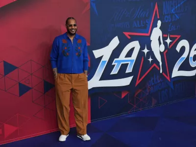 Carmelo Anthony arrives to the NBA All-Star basketball game Sunday, Feb. 15, 2026, in Inglewood, Calif. (AP Photo/Jae C. Hong)
