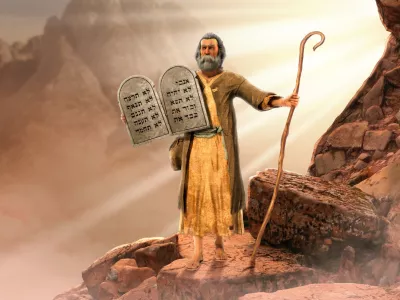 Moses holding 10 Commandments tablets coming down mount Sinai, 3d render. / Foto: Ratpack223