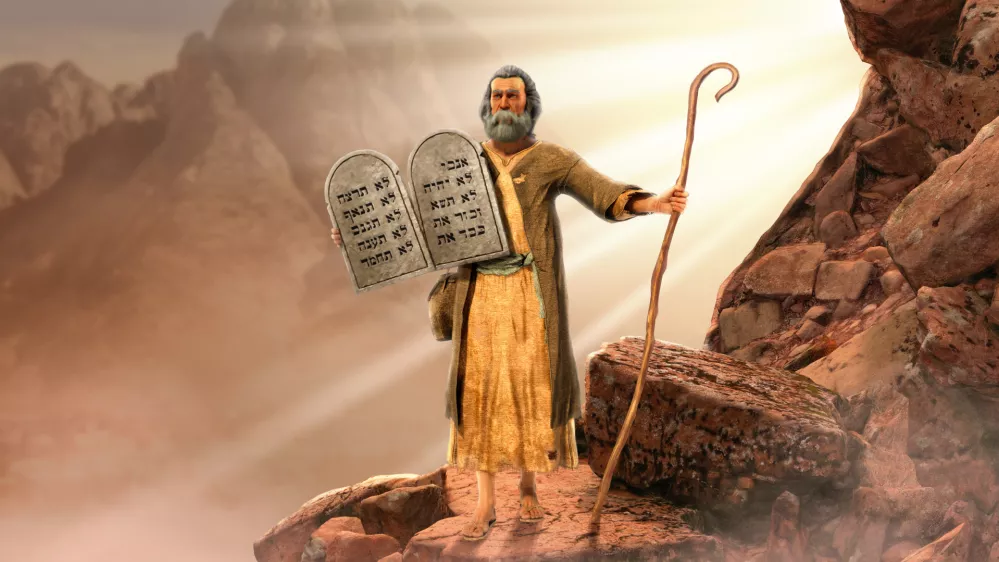 Moses holding 10 Commandments tablets coming down mount Sinai, 3d render. / Foto: Ratpack223