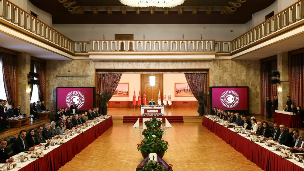 Turkey's Parliament Speaker Numan Kurtulmus chairs a parliamentary commission set to vote on a draft report aimed at facilitating the disarmament of the outlawed Kurdistan Workers Party (PKK), a step that could advance a peace process to end more than four decades of conflict, in Ankara, Turkey, February 18, 2026. Grand National Assembly of Turkey/Handout via REUTERS ATTENTION EDITORS - THIS PICTURE WAS PROVIDED BY A THIRD PARTY. NO RESALES. NO ARCHIVES.