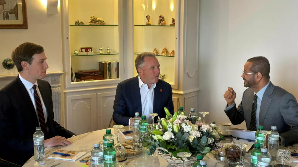 Oman's Foreign Minister Sayyid Badr bin Hamad Al Busaidi meets with U.S. Special Envoy Steve Witkoff and U.S. President Donald Trump's son-in-law, Jared Kushner ahead of the indirect U.S.-Iran talks, in Geneva, Switzerland, February 17, 2026. Oman's Ministry Of Foreign Affairs/Handout via REUTERS  THIS IMAGE HAS BEEN SUPPLIED BY A THIRD PARTY.