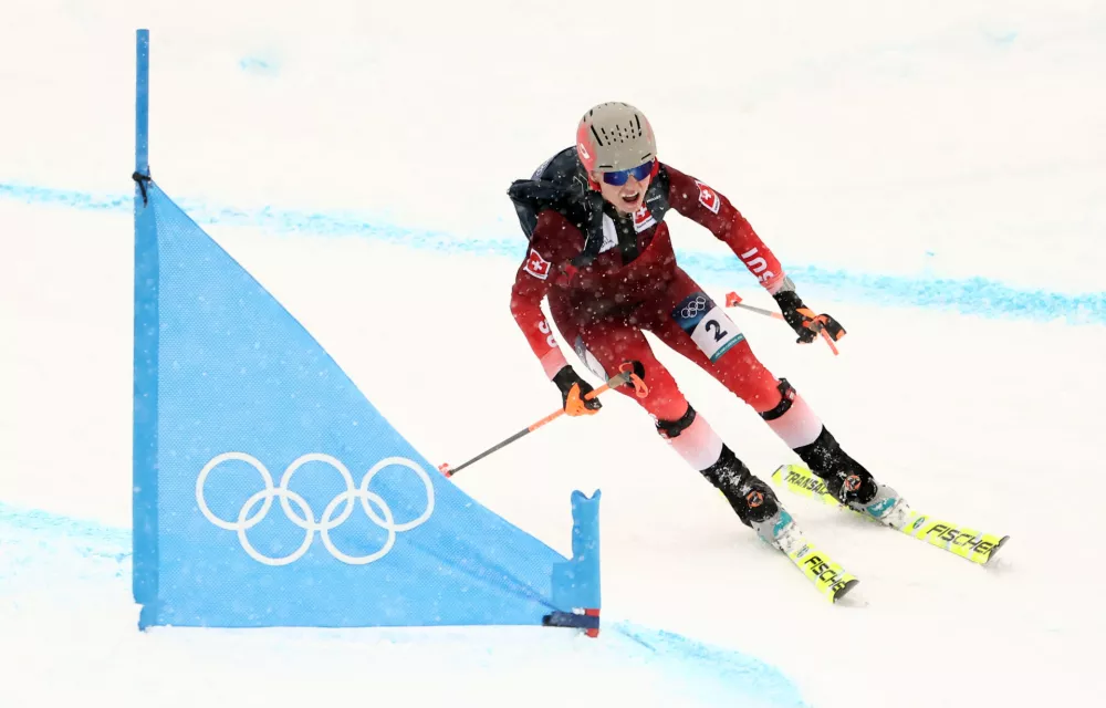 Milano Cortina 2026 Olympics - Ski Mountaineering - Women's Sprint Final - Stelvio Ski Centre, Bormio, Italy - February 19, 2026. Marianne Fatton of Switzerland in action ahead of winning gold in the Women's Sprint Final REUTERS/Christian Hartmann
