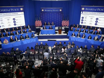 U.S. President Donald Trump, Vice President JD Vance, Secretary of State Marco Rubio, Donald Trump's son-in-law Jared Kushner and U.S. Special Envoy Steve Witkoff attend the inaugural Board of Peace meeting at the U.S. Institute of Peace in Washington, D.C., U.S., February 19, 2026. REUTERS/Kevin Lamarque