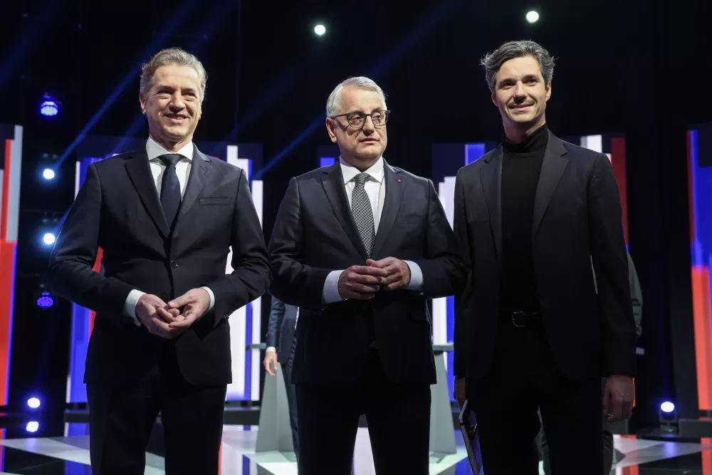 Robert Golob, Matjaž Han, Luka Mesec- 19.02.2026 - Prvo soočenje predsednikov strank na RTV SLO - parlamentarne volitve 2026//FOTO: Jaka Gasar
