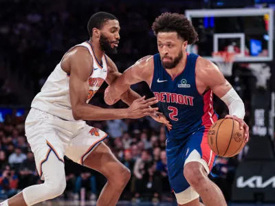 Feb 19, 2026; New York, New York, USA; Detroit Pistons guard Cade Cunningham (2) is guarded by New York Knicks guard Mikal Bridges (25) during the second half at Madison Square Garden. Mandatory Credit: Vincent Carchietta-Imagn Images
