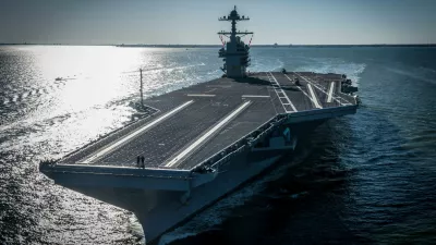 FILE - In this photo provided by the U.S. Navy, the USS Gerald R. Ford embarked on the first of its sea trials to test various state-of-the-art systems on its own power for the first time, April 8, 2017, from Newport News, Va. (Mass Communication Specialist 2nd Class Ridge Leoni/U.S. Navy via AP, File)
