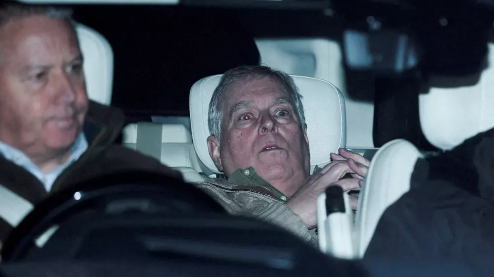 FILE PHOTO: Andrew Mountbatten Windsor, younger brother of Britain's King Charles, formerly known as Prince Andrew, leaves Aylsham Police Station on a vehicle, on the day he was arrested on suspicion of misconduct in public office, after the U.S. Justice Department released more records tied to the late financier and convicted sex offender Jeffrey Epstein, in Aylsham, Britain, February 19, 2026. REUTERS/Phil Noble/File Photo