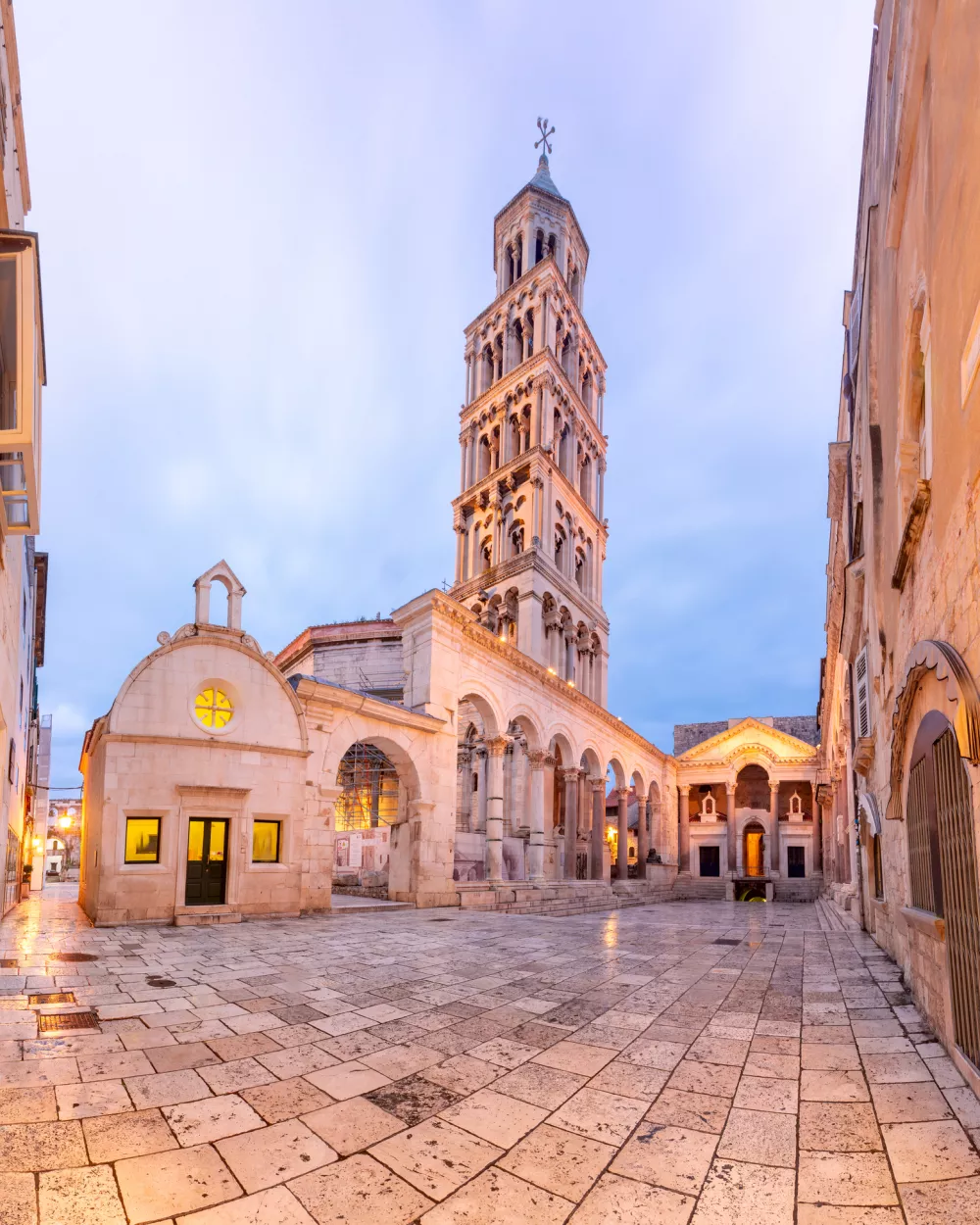 Panoramic view of Saint Domnius Cathedral in Diocletian Palace in Old Town of Split, the second largest city of Croatia in the morning