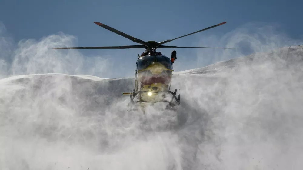 A Securite Civile helicopter (emergency management) lands at the Alpe d'Huez altiport rescue station, French Alps, after dropping off members of the CRS Alpes Grenoble mountain rescue team for an avalanche emergency response rescue mission on January 29, 2026.,Image: 1070577629, License: Rights-managed, Restrictions:, Model Release: no