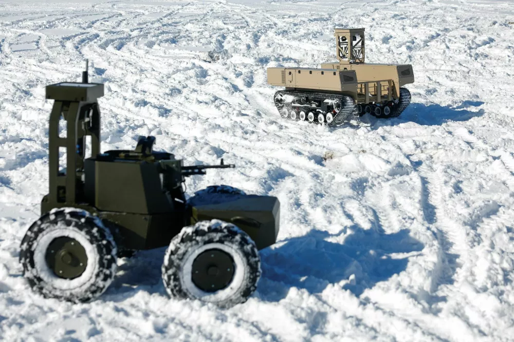 Unmanned ground vehicles in action during an exhibition of Ukrainian drone makers, amid Russia's attack on Ukraine, in an undisclosed location, Ukraine February 20, 2026. REUTERS/Valentyn Ogirenko