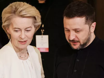 Ukraine's President Volodymyr Zelenskyy, right, and European Commission President Ursula von der Leyen participate in the so-called "Coalition of the willing" summit at the Elysee Palace, Thursday, March 27, 2025. (Ludovic Marin, Pool via AP)