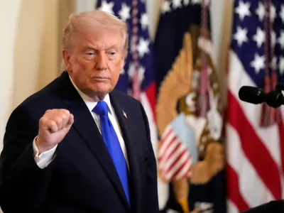President Donald Trump leaves after an event to proclaim "Angel Family Day" in the East Room of the White House, Monday, Feb. 23, 2026, in Washington. (AP Photo/Alex Brandon)