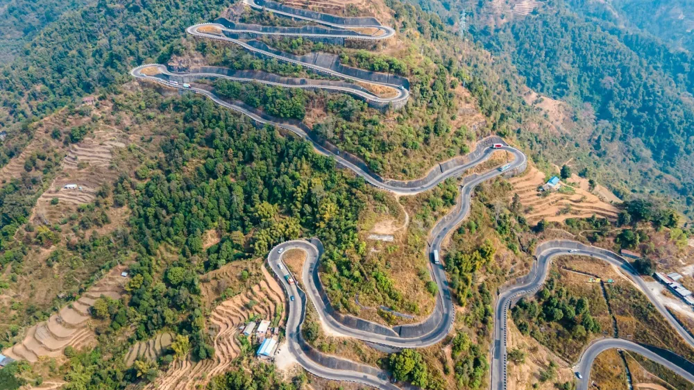 An aerial view shows a curved section of the BP Highway in Sindhuli, Nepal, on February 19, 2026.Drone View Of A Curved Section Of The BP Highway In Sindhuli, Nepal - 19 Feb 2026,Image: 1077574791, License: Rights-managed, Restrictions:, Model Release: no