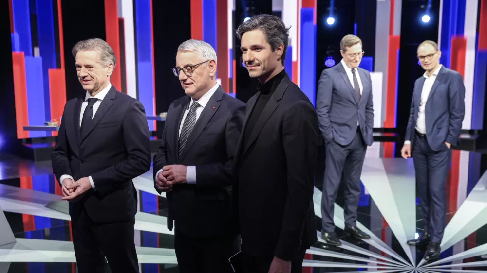 Robert Golob, Matjaž Han, Luka Mesec- 19.02.2026 - Prvo soočenje predsednikov strank na RTV SLO - parlamentarne volitve 2026//FOTO: Jaka Gasar