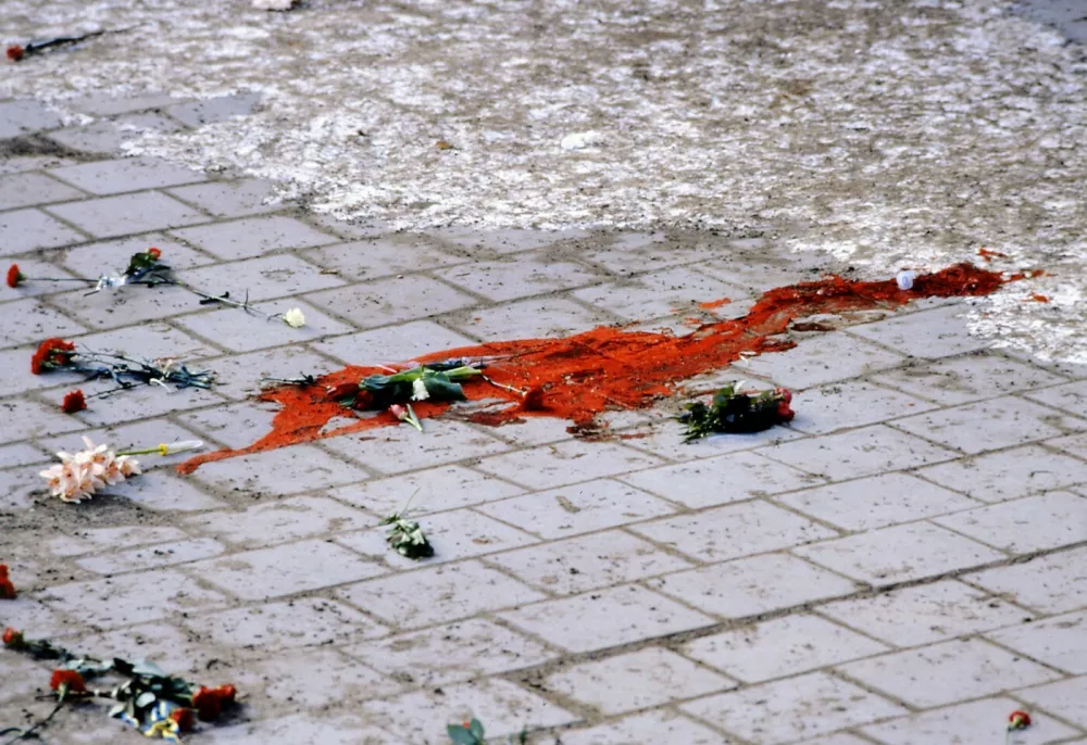 (FILES) This file photo dated 28 February 1986 shows the place where Swedish Prime Minister Olof Palme was killed overnight 28 February 1986 by a lone gunner in central Stockholm. Swedish Foreign Minister Anna Lindh died 11 September 2003 after being stabbed by an unknown assailant in Stockholm 10 September. PHOTO,Image: 68358062, License: Rights-managed, Restrictions:, Model Release: no