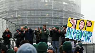 Farmers from across Europe react after the European Parliament voted on whether to refer the EU-Mercosur trade agreement to the Court of Justice of the European Union (CJEU), in Strasbourg, France, January 21, 2026. REUTERS/Yves Herman