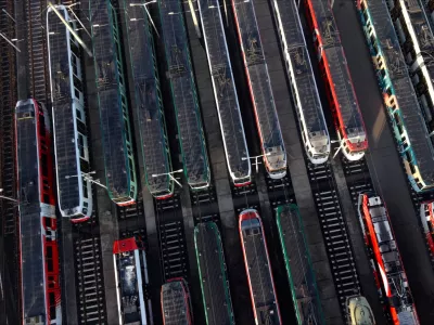 Trams are pictured at a storage facility during a nationwide strike called by the German trade union Verdi over a wage dispute, in Bonn, Germany, February 27, 2026. REUTERS/Erol Dogrudogan