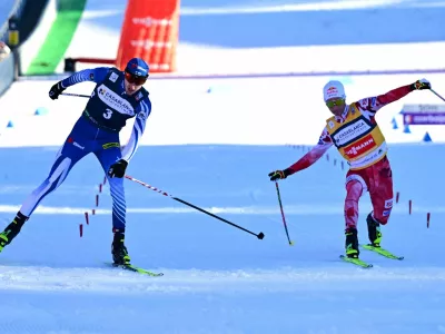 Nordic Combined - FIS Nordic Combined World Cup - Kulm, Tauplitz, Austria - February 27, 2026 Finland's Ilkka Herola in action before crossing the finish line to win the Nordic Combined ahead of Austria's Johannes Lamparter REUTERS/Christian Bruna