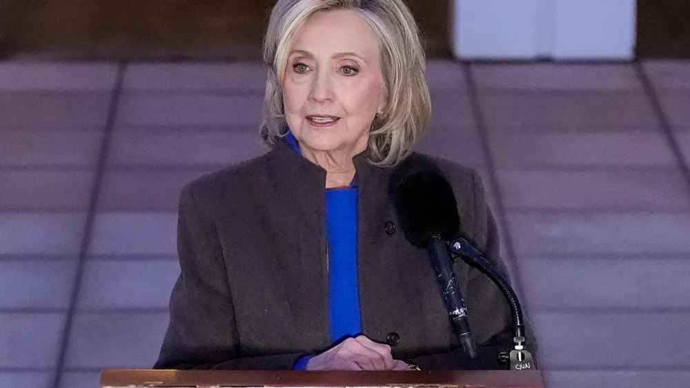 Former Secretary of State Hillary Clinton speaks outside the Chappaqua Performing Arts Center, after testifying before U.S. House lawmakers as part of a congressional investigation into convicted sex offender Jeffrey Epstein, Thursday, Feb. 26, 2026, in Chappaqua, N.Y. (AP Photo/Yuki Iwamura)