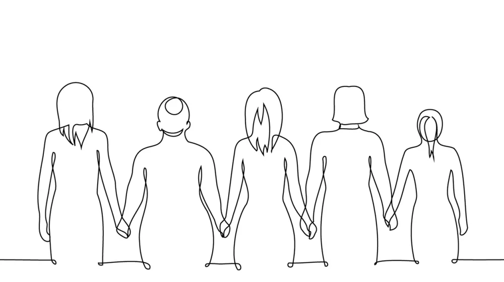 women stand with their backs in a row holding hands - one line art vector. concept female community, body diversity, representation, solidarity / Foto: Kamila Baimukasheva Getty Images