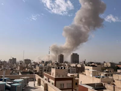 Smoke rises on the skyline after an explosion in Tehran, Iran, Saturday, Feb. 28, 2026.(AP Photo)