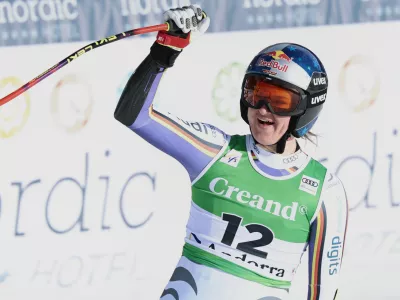 Germany's Emma Aicher reacts at the finish area during a women's World Cup super-G race, in Soldeu, Andorra, Saturday, Feb. 28, 2026. (AP Photo/Marco Trovati)