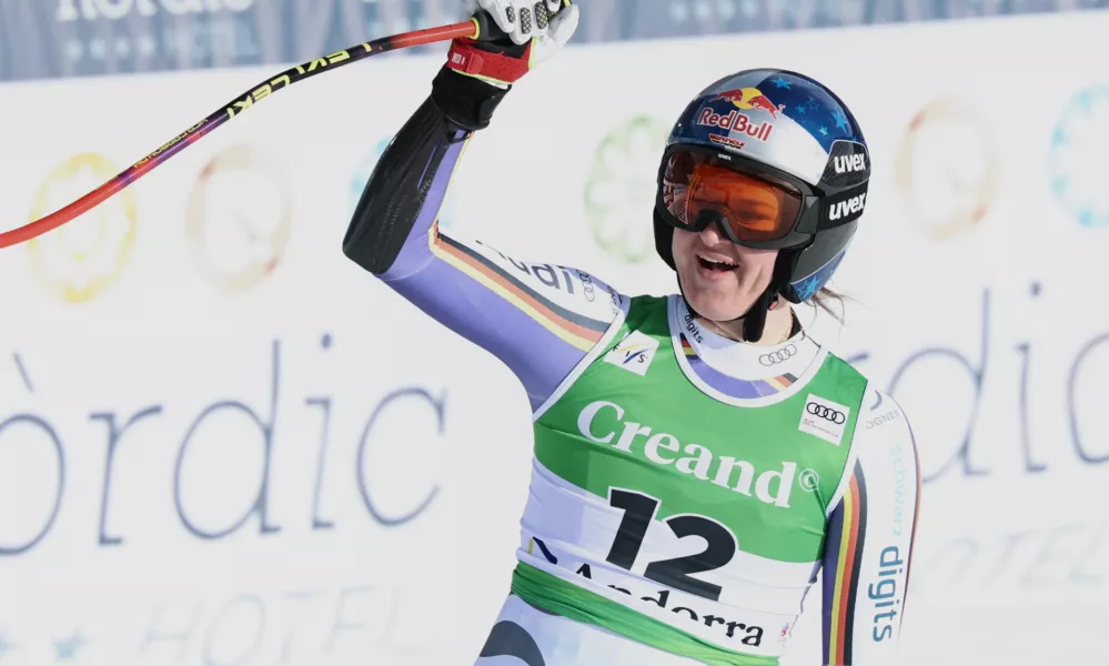 Germany's Emma Aicher reacts at the finish area during a women's World Cup super-G race, in Soldeu, Andorra, Saturday, Feb. 28, 2026. (AP Photo/Marco Trovati)