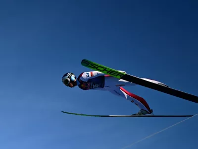 Ski Jumping - FIS Ski Jumping World Cup - Kulm, Tauplitz, Austria - February 28, 2026 Austria's Stephan Embacher in action during the men's flying hill HS235 first round REUTERS/Christian Bruna