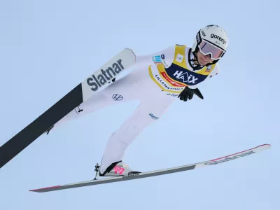 Slovenia's Nika Prevc competes in the 1st round of the women's world cup ski jumping in Lillehammer, Norway, Saturday Nov. 22, 2025. (Geir Olsen/NTB Scanpix via AP)