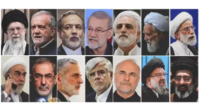 FILE - This combo of file photos show Iran's key political and religious figures, top row, from left, Supreme Leader Ayatollah Ali Khamenei, President Masoud Pezeshkian, Foreign Minister Abbas Araghchi, Khamenei Adviser on Public Policy Ali Larijani, Chief Justice Gholam Hossein Mohseni Ejehi, Head of Assembly Experts Mohammad-Ali Movahedi Kermani and Secretary of Guardian Council Ahmad Jannati, bottom row, from left, Khamenei's Chief of Staff Mohammad Golpayegani, Khamenei Adviser on International Affairs Ali Akbar Velayati, Khamenei Adviser on Foreign Policy Kamal Kharazi, First Vice President Mohammad Reza Aref, Parliament Speaker Mohammad Bagher Ghalibaf, Tehran Friday Prayer Imam Ahmad Khatami and Son of Supreme Leader Mojtaba Khamenei. (AP Photo/File)