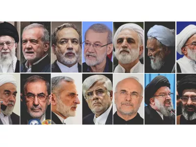 FILE - This combo of file photos show Iran's key political and religious figures, top row, from left, Supreme Leader Ayatollah Ali Khamenei, President Masoud Pezeshkian, Foreign Minister Abbas Araghchi, Khamenei Adviser on Public Policy Ali Larijani, Chief Justice Gholam Hossein Mohseni Ejehi, Head of Assembly Experts Mohammad-Ali Movahedi Kermani and Secretary of Guardian Council Ahmad Jannati, bottom row, from left, Khamenei's Chief of Staff Mohammad Golpayegani, Khamenei Adviser on International Affairs Ali Akbar Velayati, Khamenei Adviser on Foreign Policy Kamal Kharazi, First Vice President Mohammad Reza Aref, Parliament Speaker Mohammad Bagher Ghalibaf, Tehran Friday Prayer Imam Ahmad Khatami and Son of Supreme Leader Mojtaba Khamenei. (AP Photo/File)